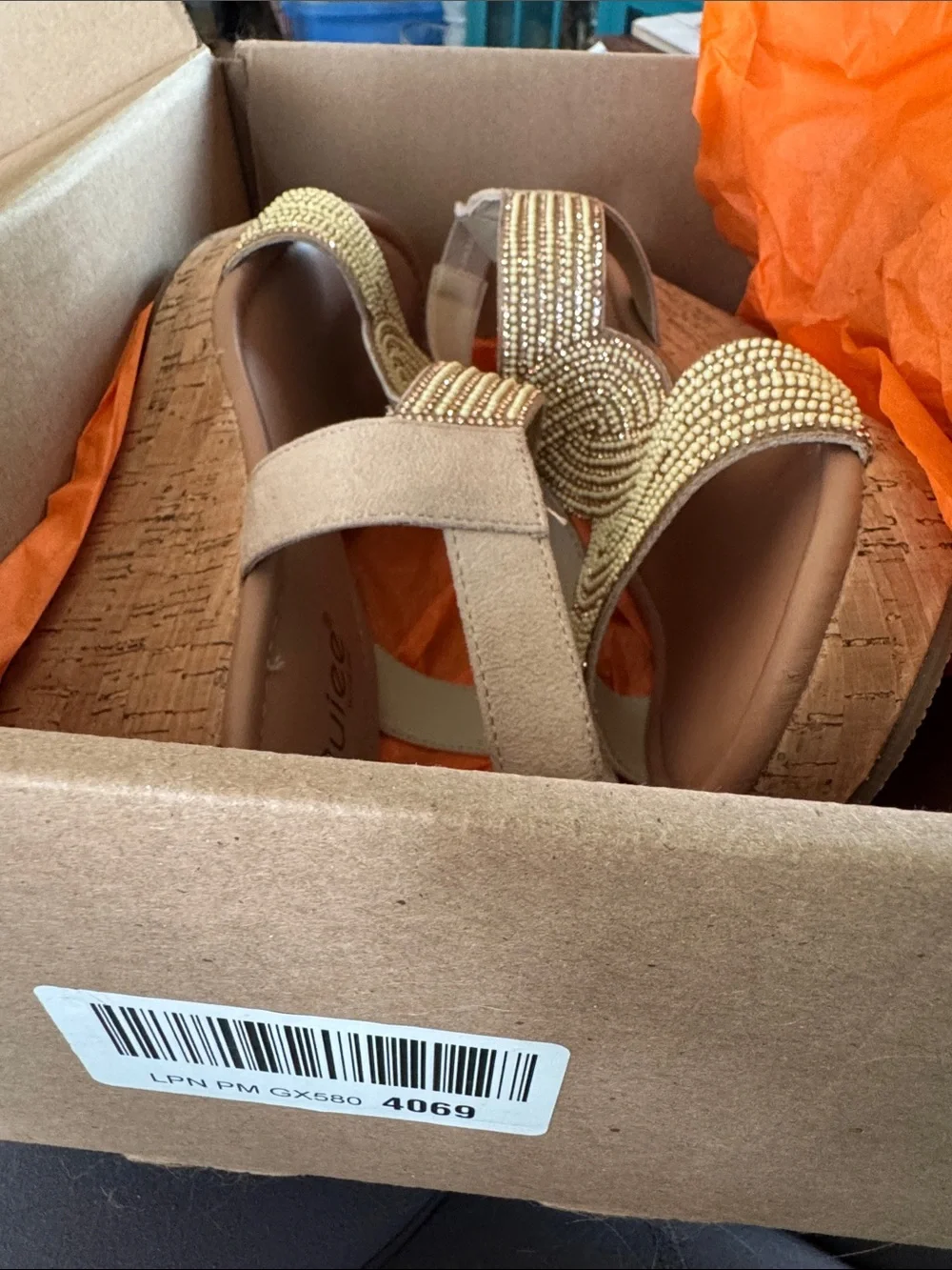 Ruizee Gold Beaded Women’s Wedge Sandals size 10 WIDE